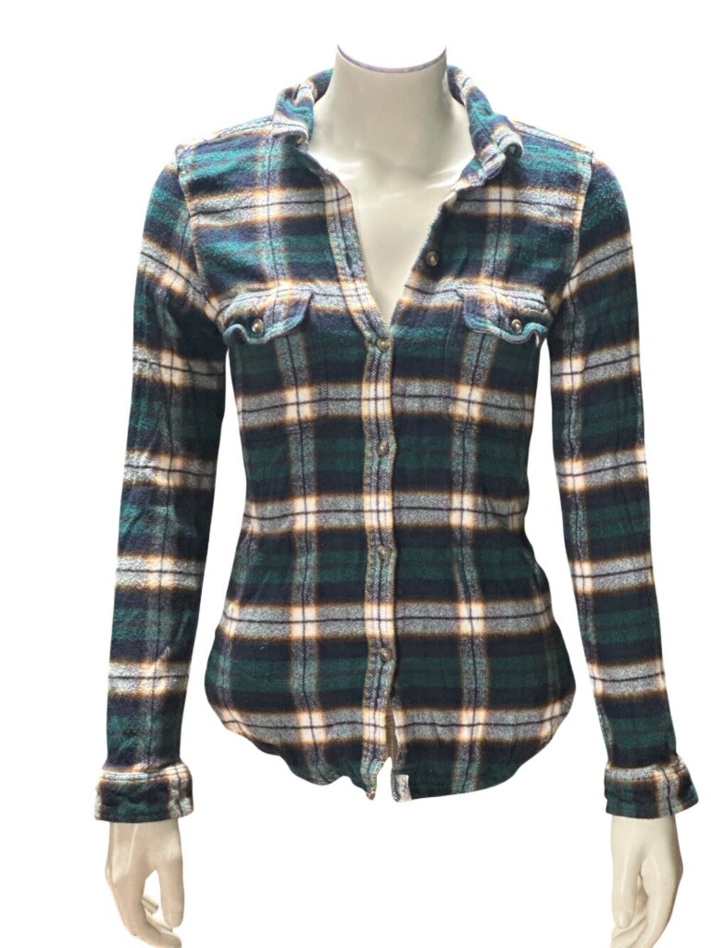 American Eagle Small Green Plaid Button Front Shirt Slim Fit Casual Grunge Style